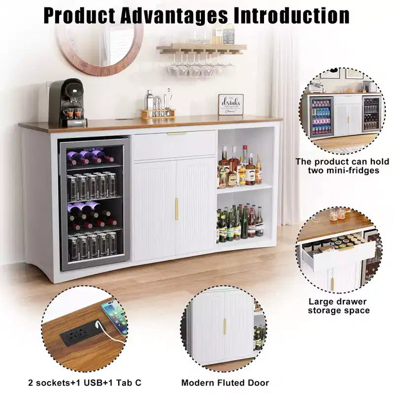GDLF Long Coffee Bar Cabinet con Spazio per Frigo, Mobile Moderno Porta Vino e Liquori 70.1