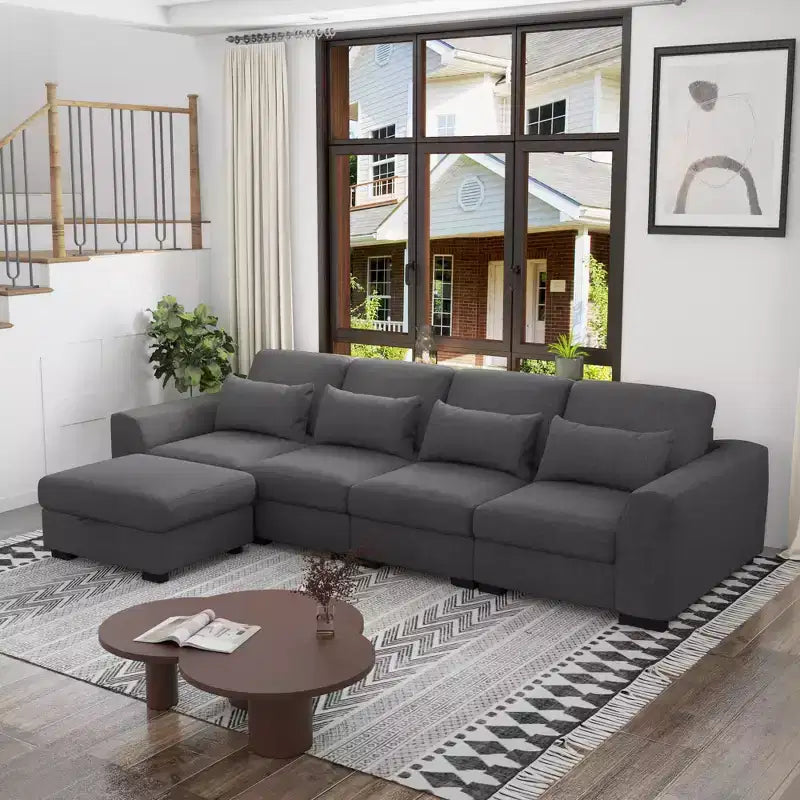 Canapé d'angle modulable moderne en tissu GDFStudio Beulah 130 avec pouf de rangement