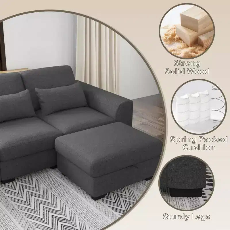 Canapé d'angle modulable moderne en tissu GDFStudio Beulah 130 avec pouf de rangement