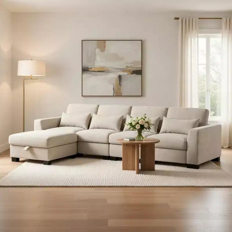 Canapé d'angle modulable moderne en tissu GDFStudio Beulah 130 avec pouf de rangement
