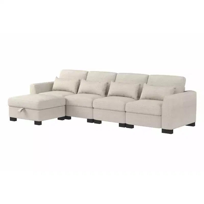 Canapé d'angle modulable moderne en tissu GDFStudio Beulah 130 avec pouf de rangement