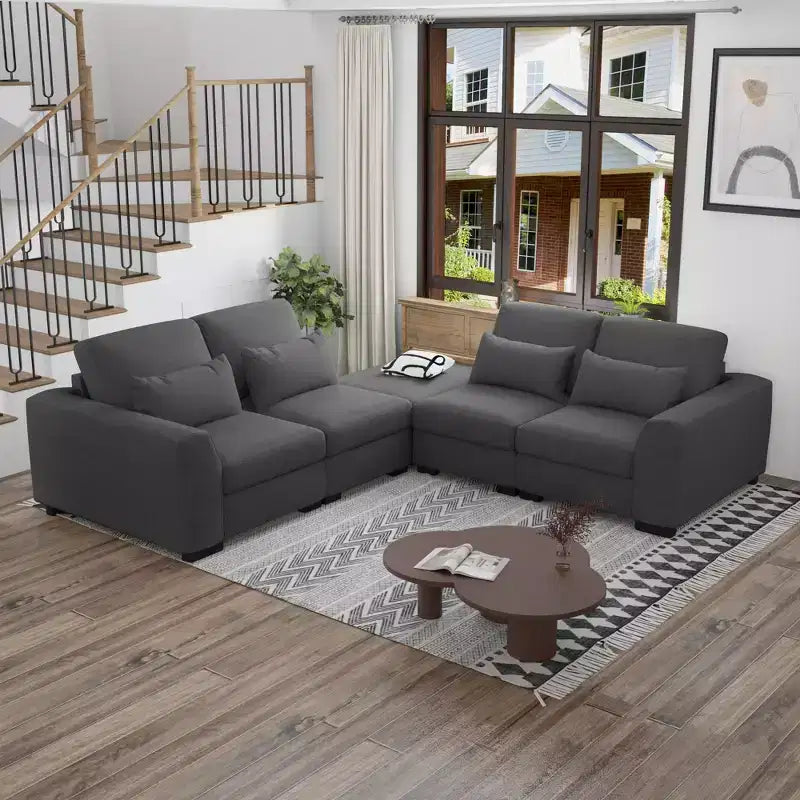 Canapé d'angle modulable moderne en tissu GDFStudio Beulah 130 avec pouf de rangement