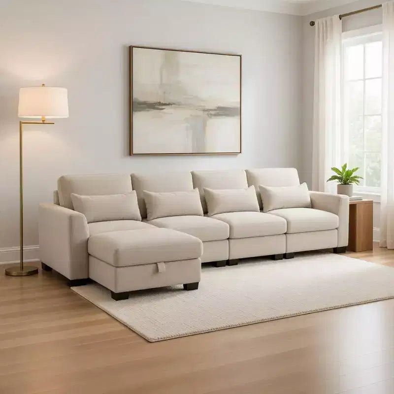 GDFStudio Beulah 130 Modern Modular L-Shaped Fabric Sectional Sofa with Storage Ottoman