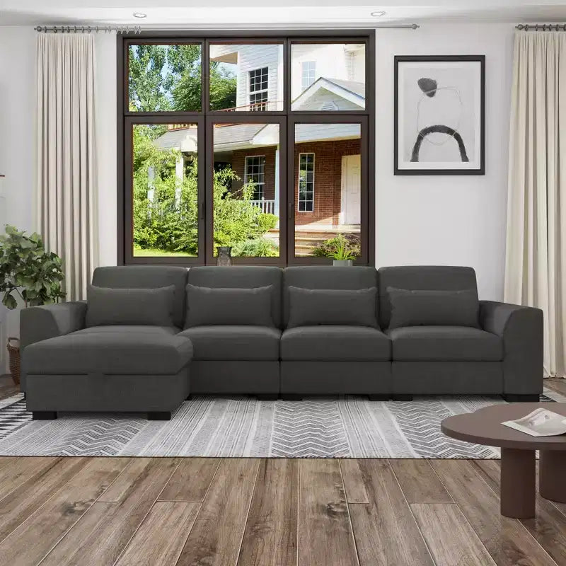Divano Sezionale Modulare a L Moderno in Tessuto GDFStudio Beulah 130 con Pouf Contenitore