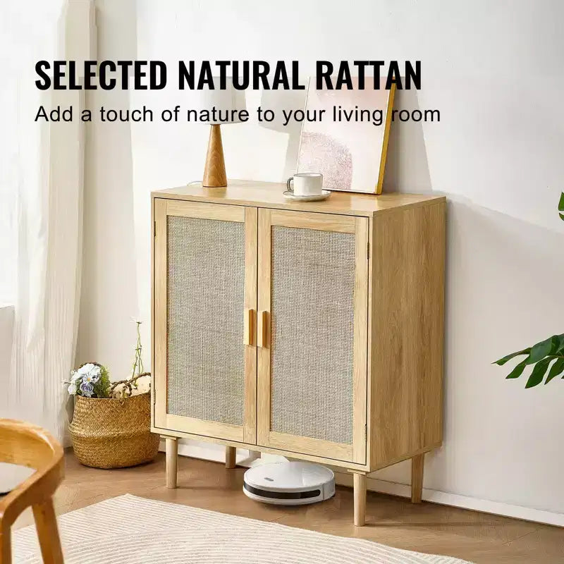 Mobiletto in Rattan, Mobile Contenitore in Rattan con 2 Ante Magnetiche e Ripiani Regolabili, Credenza a Buffet per Corridoio, Ingresso