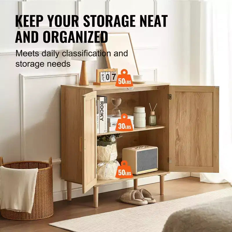 Mobiletto in Rattan, Mobile Contenitore in Rattan con 2 Ante Magnetiche e Ripiani Regolabili, Credenza a Buffet per Corridoio, Ingresso