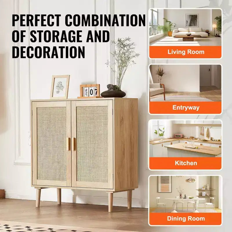 Mobiletto in Rattan, Mobile Contenitore in Rattan con 2 Ante Magnetiche e Ripiani Regolabili, Credenza a Buffet per Corridoio, Ingresso