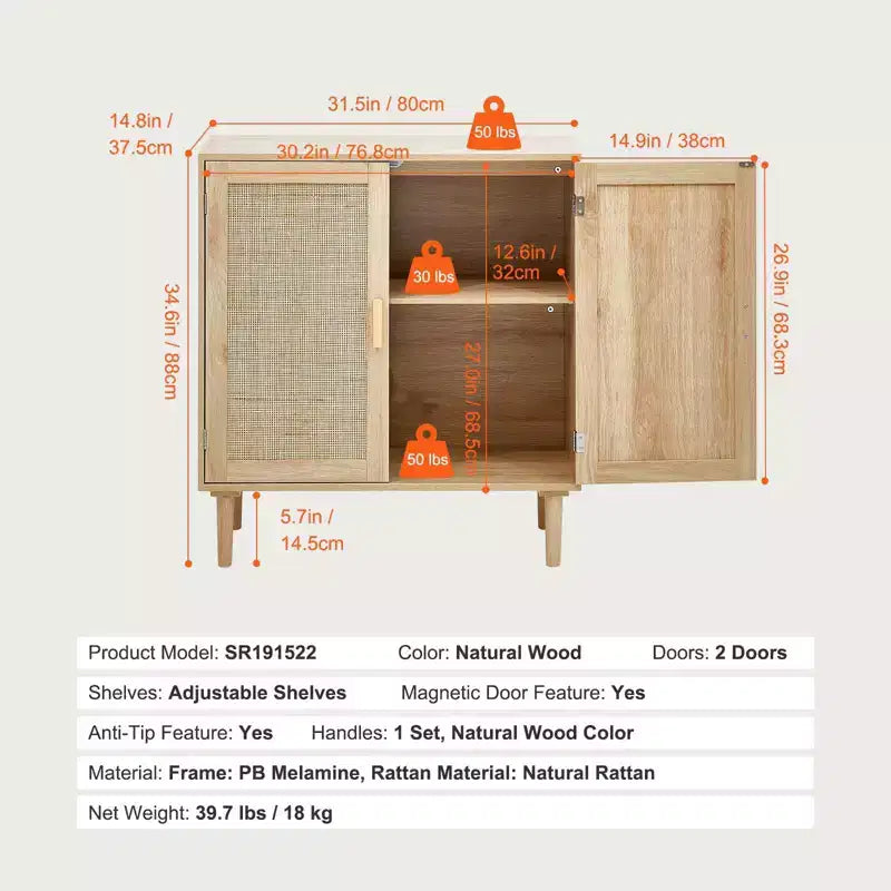 Mobiletto in Rattan, Mobile Contenitore in Rattan con 2 Ante Magnetiche e Ripiani Regolabili, Credenza a Buffet per Corridoio, Ingresso