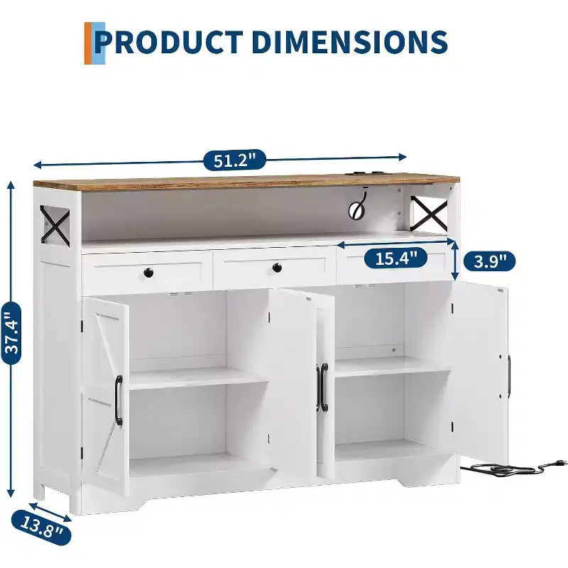 Buffet de ferme de 51 po avec station de recharge, 3 tiroirs et 4 portes coulissantes, meuble de rangement pour cuisine, salle à manger ou salon, blanc