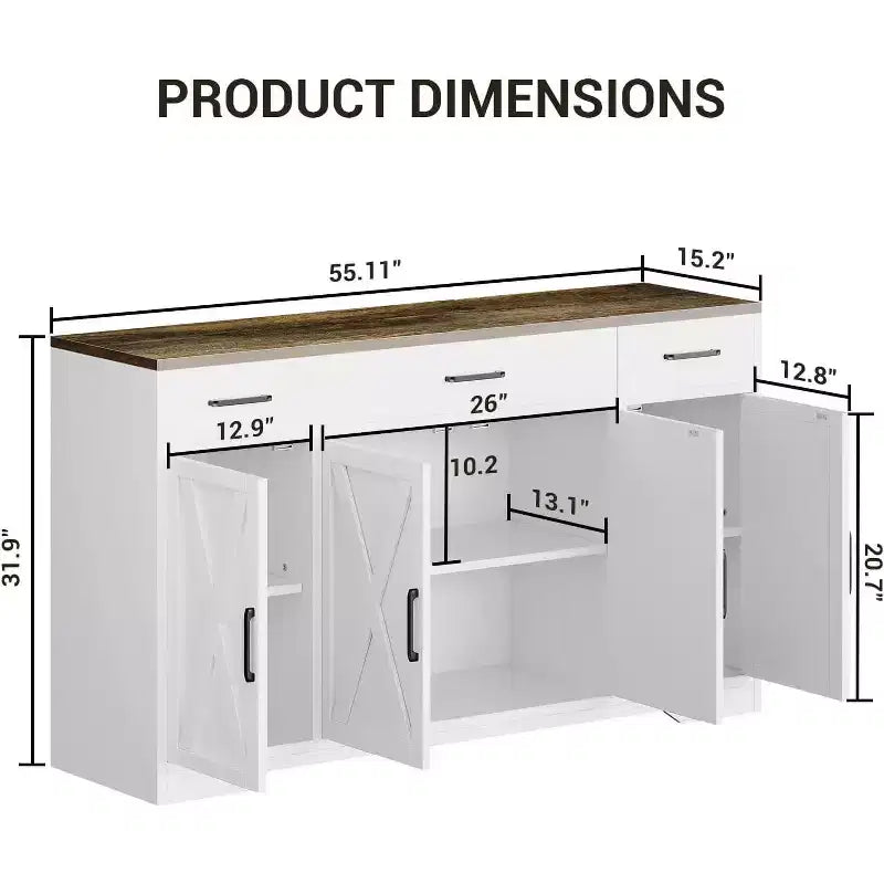 Credenza da Fattoria con Mobile Contenitore 55 Grande Credenza da Cucina con 3 Cassetti, Mobile Bar in Legno per Sala da Pranzo e Soggiorno