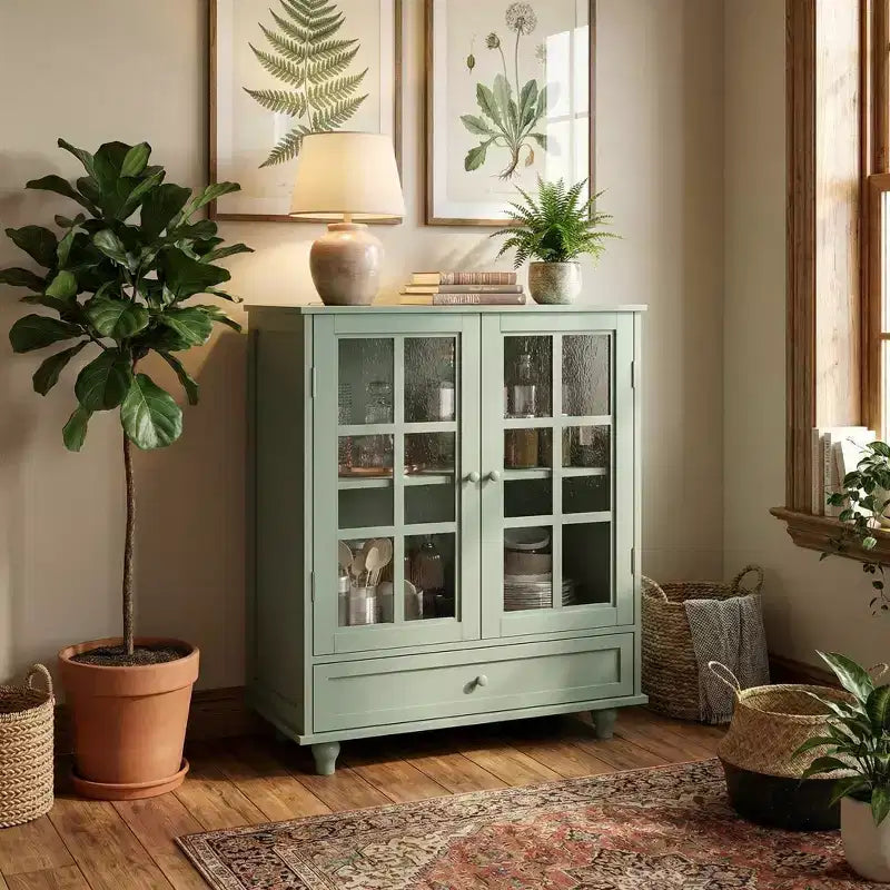 Mobile Buffet Minimalista FurnitureR con Ante in Vetro e Cassetto, Credenza Contenitore Rustica per Sala da Pranzo, Cucina, Soggiorno, Ingresso