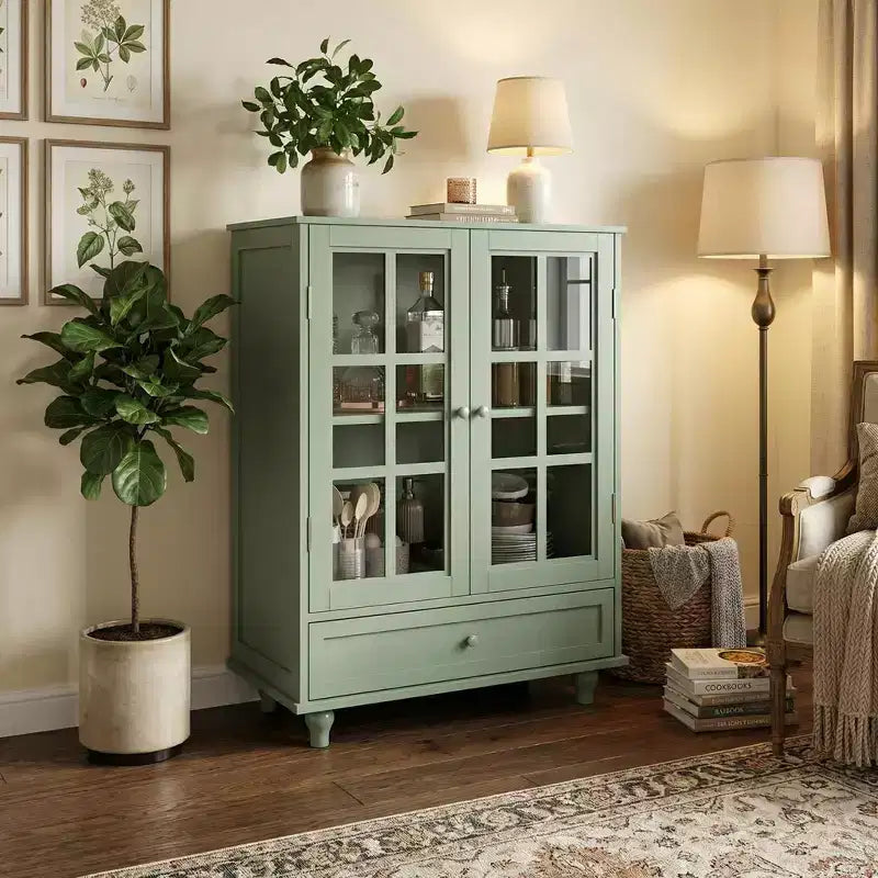 Mobile Buffet Minimalista FurnitureR con Ante in Vetro e Cassetto, Credenza Contenitore Rustica per Sala da Pranzo, Cucina, Soggiorno, Ingresso