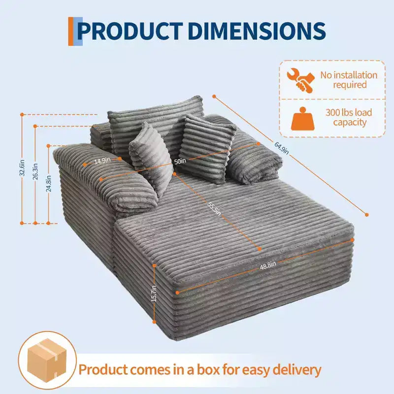 48,8" Canapé-lit chaise longue surdimensionné - Canapé sans structure en velours côtelé avec oreillers et accoudoirs larges pour salon ou chambre à coucher