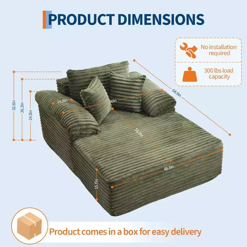 48,8" Canapé-lit chaise longue surdimensionné - Canapé sans structure en velours côtelé avec oreillers et accoudoirs larges pour salon ou chambre à coucher