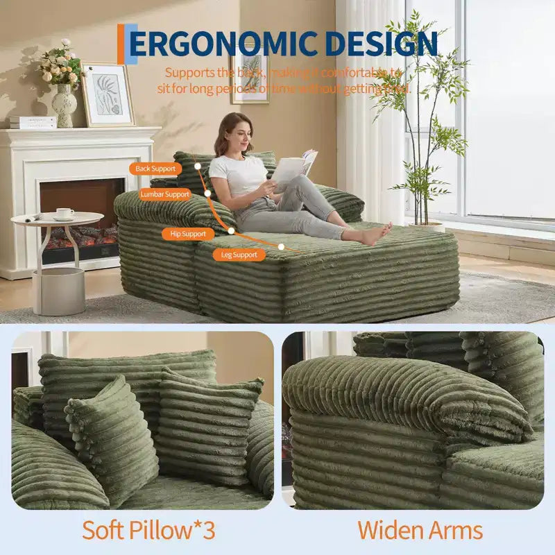48,8" Canapé-lit chaise longue surdimensionné - Canapé sans structure en velours côtelé avec oreillers et accoudoirs larges pour salon ou chambre à coucher