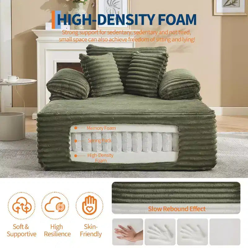 48,8" Canapé-lit chaise longue surdimensionné - Canapé sans structure en velours côtelé avec oreillers et accoudoirs larges pour salon ou chambre à coucher