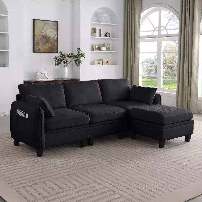 Divano Sezionale a L Contemporaneo GDFStudio Lancelot 85 pollici Rivestito in Ciniglia con Pouf Contenitore