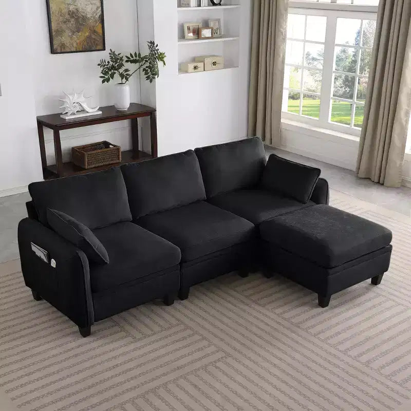 Divano Sezionale a L Contemporaneo GDFStudio Lancelot 85 pollici Rivestito in Ciniglia con Pouf Contenitore