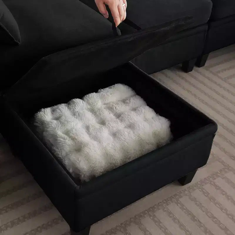 Divano Sezionale a L Contemporaneo GDFStudio Lancelot 85 pollici Rivestito in Ciniglia con Pouf Contenitore