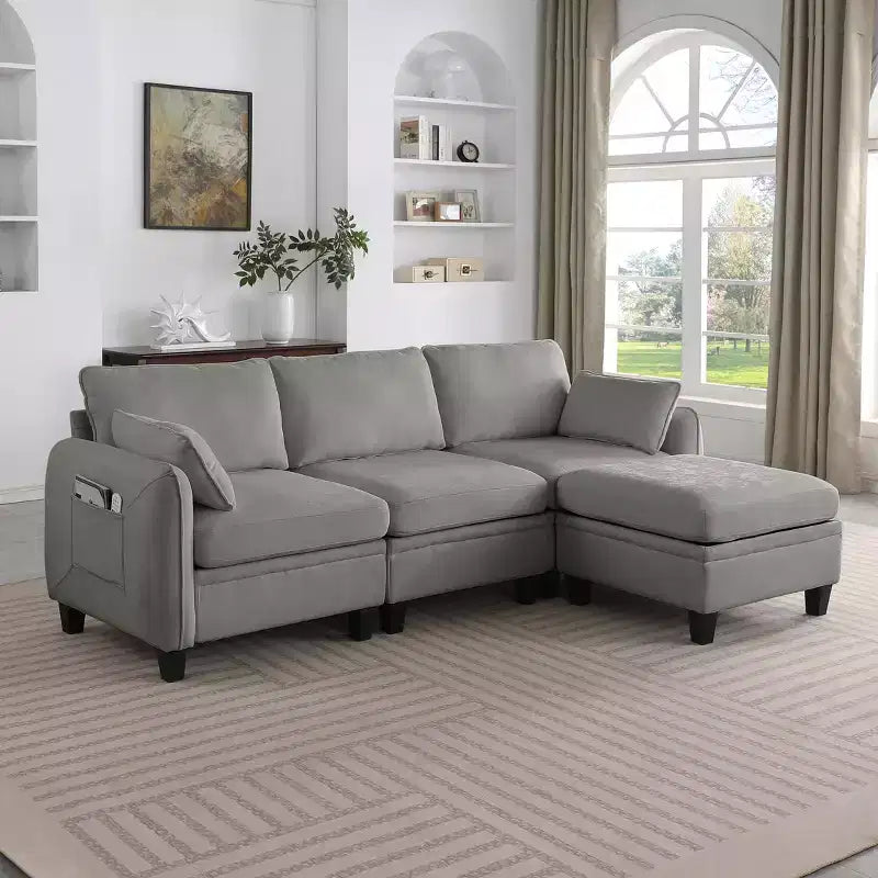 Divano Sezionale a L Contemporaneo GDFStudio Lancelot 85 pollici Rivestito in Ciniglia con Pouf Contenitore