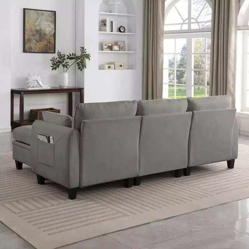 Divano Sezionale a L Contemporaneo GDFStudio Lancelot 85 pollici Rivestito in Ciniglia con Pouf Contenitore