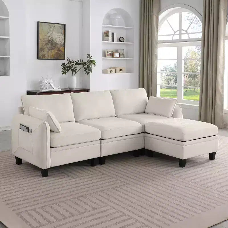 Divano Sezionale a L Contemporaneo GDFStudio Lancelot 85 pollici Rivestito in Ciniglia con Pouf Contenitore