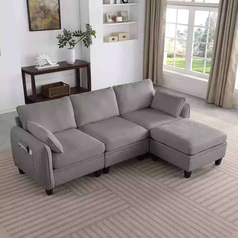 Divano Sezionale a L Contemporaneo GDFStudio Lancelot 85 pollici Rivestito in Ciniglia con Pouf Contenitore