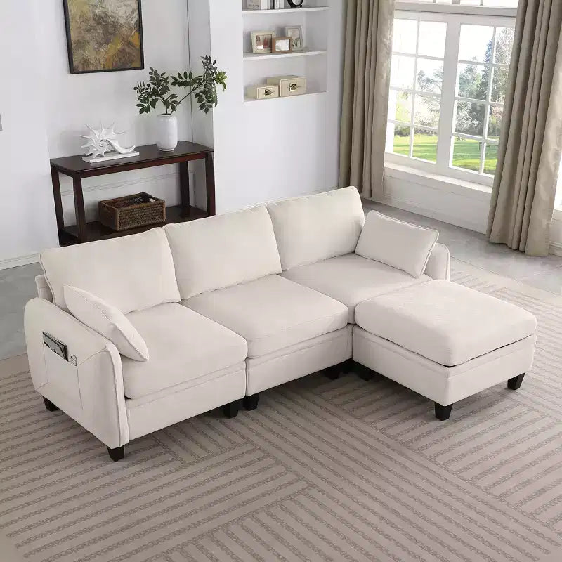 Divano Sezionale a L Contemporaneo GDFStudio Lancelot 85 pollici Rivestito in Ciniglia con Pouf Contenitore