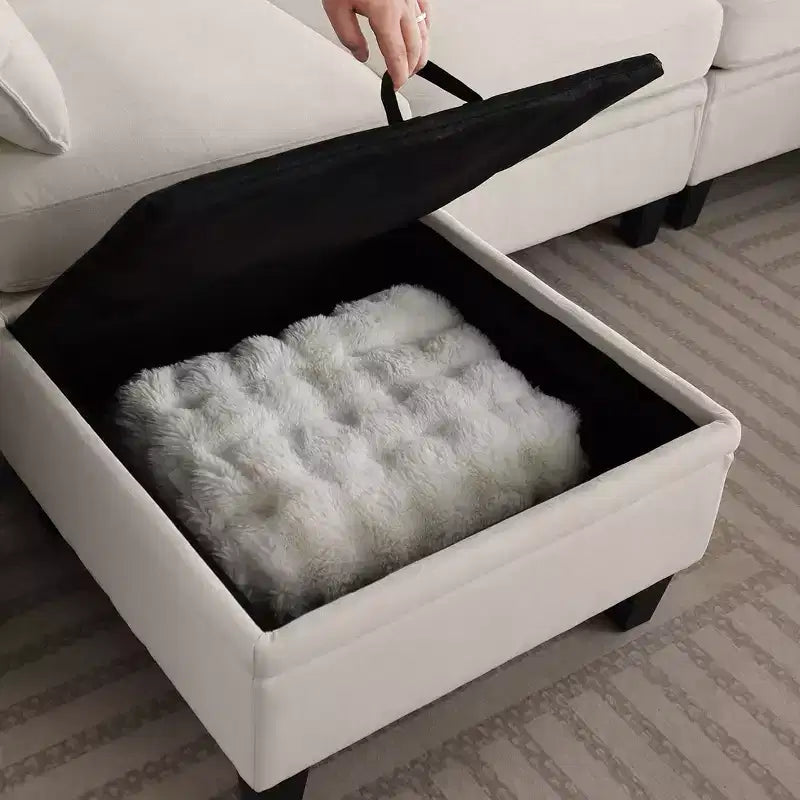 Divano Sezionale a L Contemporaneo GDFStudio Lancelot 85 pollici Rivestito in Ciniglia con Pouf Contenitore