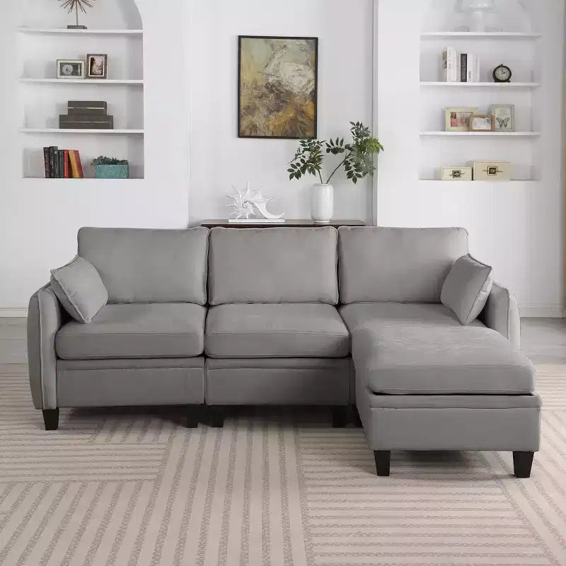 Divano Sezionale a L Contemporaneo GDFStudio Lancelot 85 pollici Rivestito in Ciniglia con Pouf Contenitore