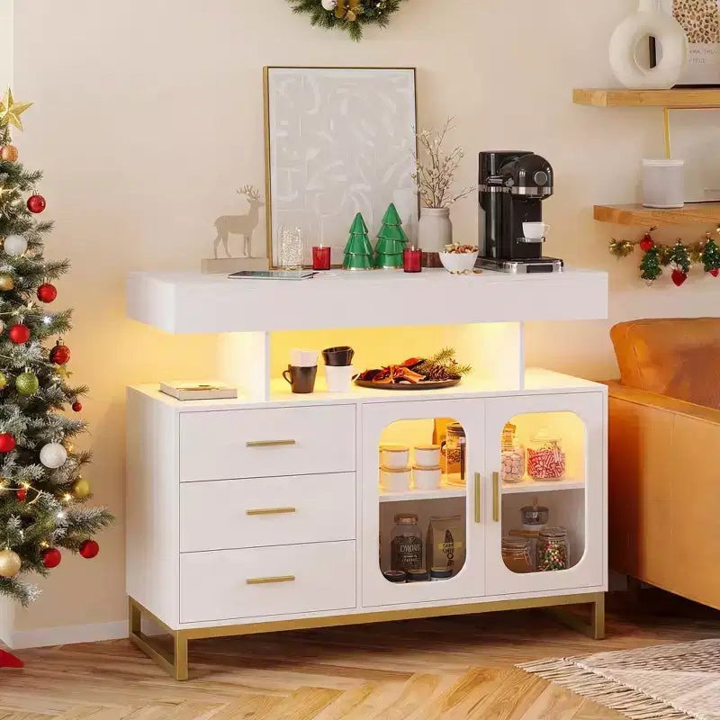 Credenza moderna con luci automatiche a sensore e stazione di ricarica integrata, 3 cassetti e 2 ante, tavolo contenitore per sala da pranzo, cucina