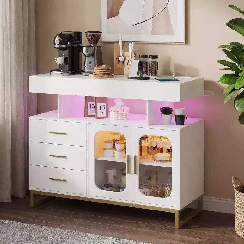 Credenza moderna con luci automatiche a sensore e stazione di ricarica integrata, 3 cassetti e 2 ante, tavolo contenitore per sala da pranzo, cucina