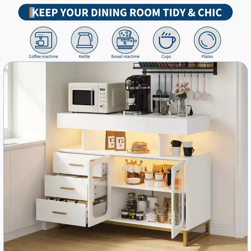 Credenza moderna con luci automatiche a sensore e stazione di ricarica integrata, 3 cassetti e 2 ante, tavolo contenitore per sala da pranzo, cucina