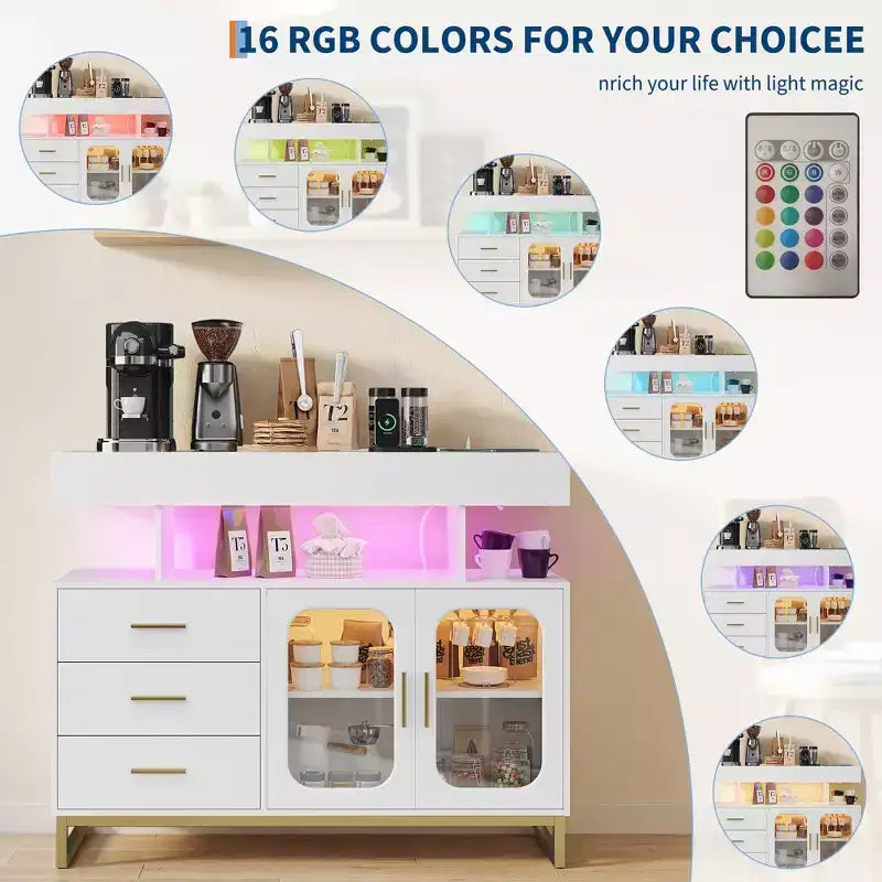 Credenza moderna con luci automatiche a sensore e stazione di ricarica integrata, 3 cassetti e 2 ante, tavolo contenitore per sala da pranzo, cucina