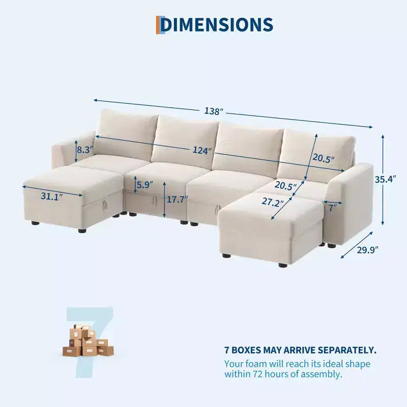 Divano componibile a L/U 108-163, divano Cloud 4-9 posti con contenitore a scomparsa sotto tutti i sedili, divano letto a penisola reversibile in ciniglia