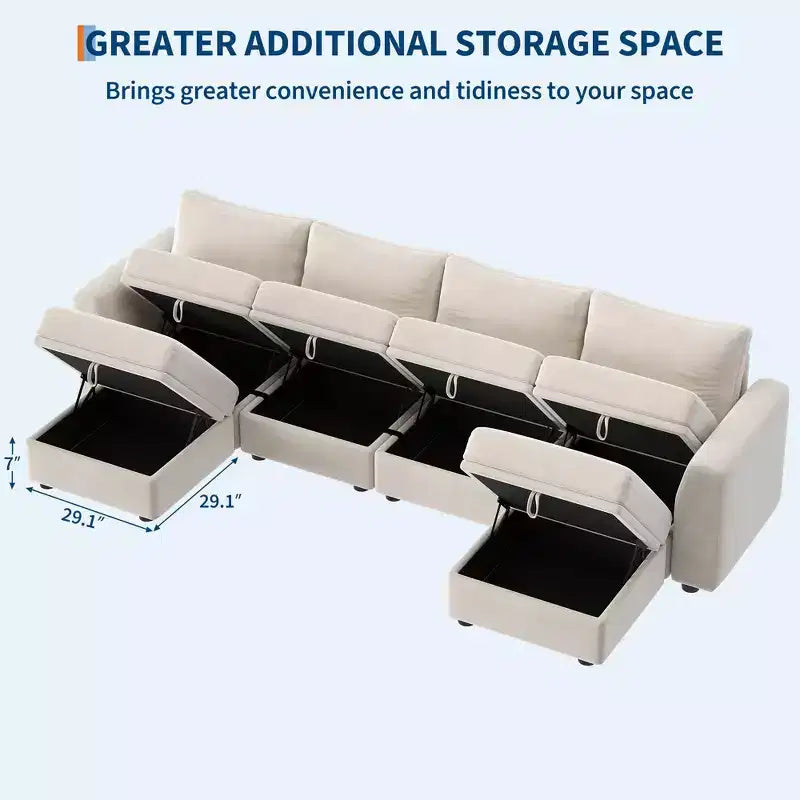 Divano componibile a L/U 108-163, divano Cloud 4-9 posti con contenitore a scomparsa sotto tutti i sedili, divano letto a penisola reversibile in ciniglia