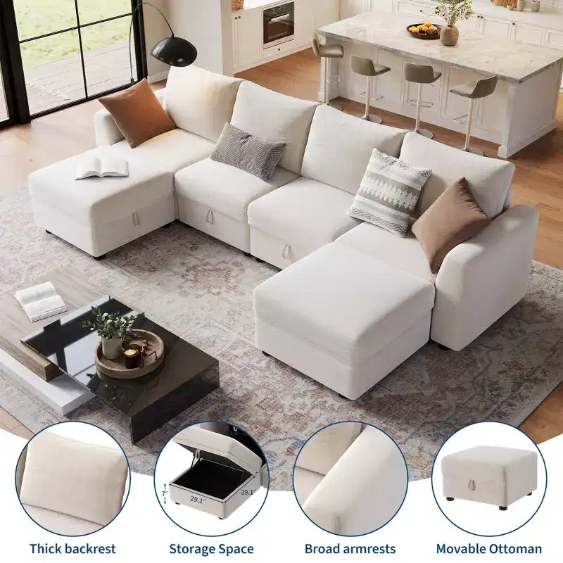 Divano componibile a L/U 108-163, divano Cloud 4-9 posti con contenitore a scomparsa sotto tutti i sedili, divano letto a penisola reversibile in ciniglia