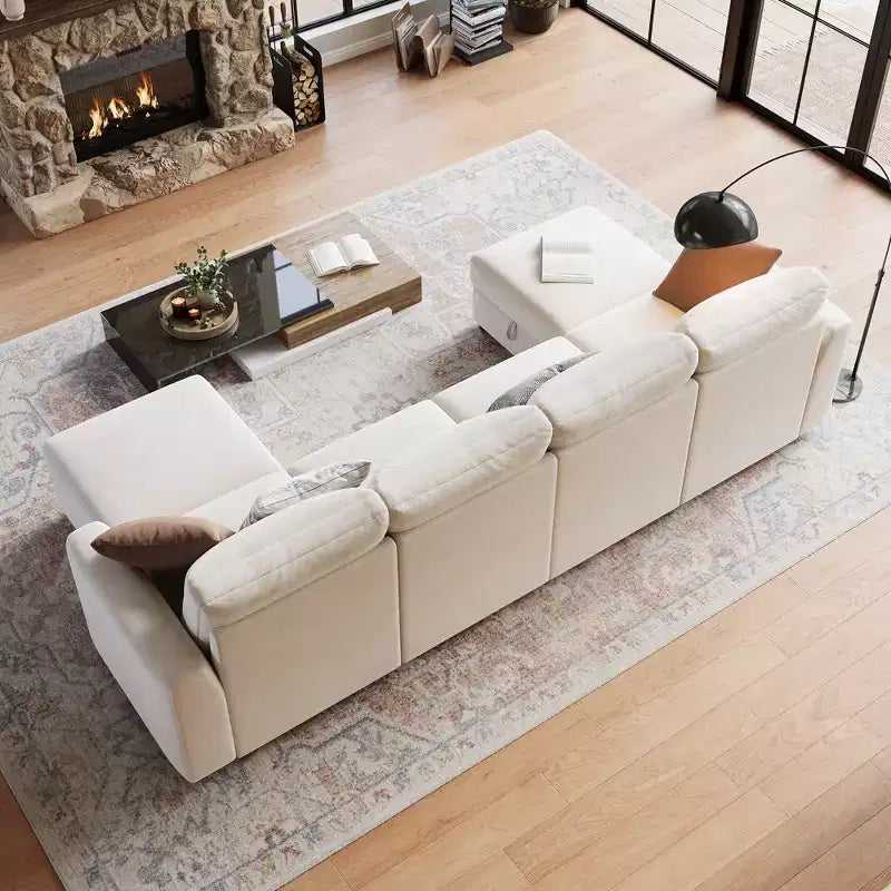 Divano componibile a L/U 108-163, divano Cloud 4-9 posti con contenitore a scomparsa sotto tutti i sedili, divano letto a penisola reversibile in ciniglia
