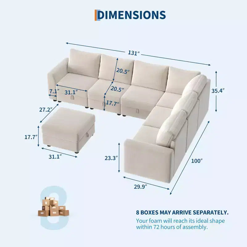 Divano componibile a L/U 108-163, divano Cloud 4-9 posti con contenitore a scomparsa sotto tutti i sedili, divano letto a penisola reversibile in ciniglia