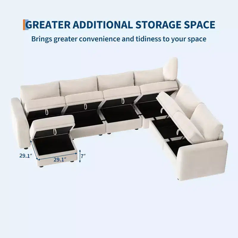 Divano componibile a L/U 108-163, divano Cloud 4-9 posti con contenitore a scomparsa sotto tutti i sedili, divano letto a penisola reversibile in ciniglia