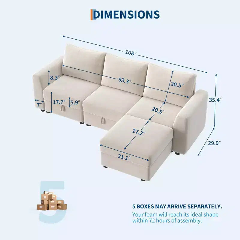Divano componibile a L/U 108-163, divano Cloud 4-9 posti con contenitore a scomparsa sotto tutti i sedili, divano letto a penisola reversibile in ciniglia
