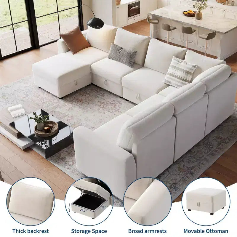 Divano componibile a L/U 108-163, divano Cloud 4-9 posti con contenitore a scomparsa sotto tutti i sedili, divano letto a penisola reversibile in ciniglia