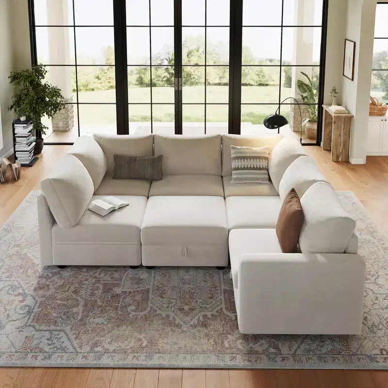 Divano componibile a L/U 108-163, divano Cloud 4-9 posti con contenitore a scomparsa sotto tutti i sedili, divano letto a penisola reversibile in ciniglia