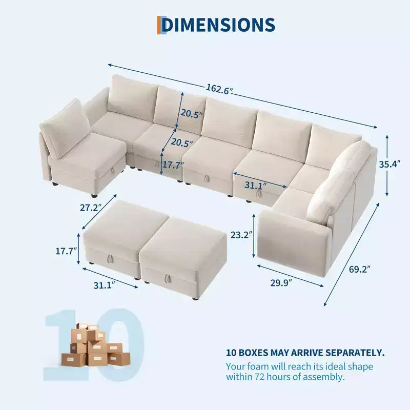 Divano componibile a L/U 108-163, divano Cloud 4-9 posti con contenitore a scomparsa sotto tutti i sedili, divano letto a penisola reversibile in ciniglia