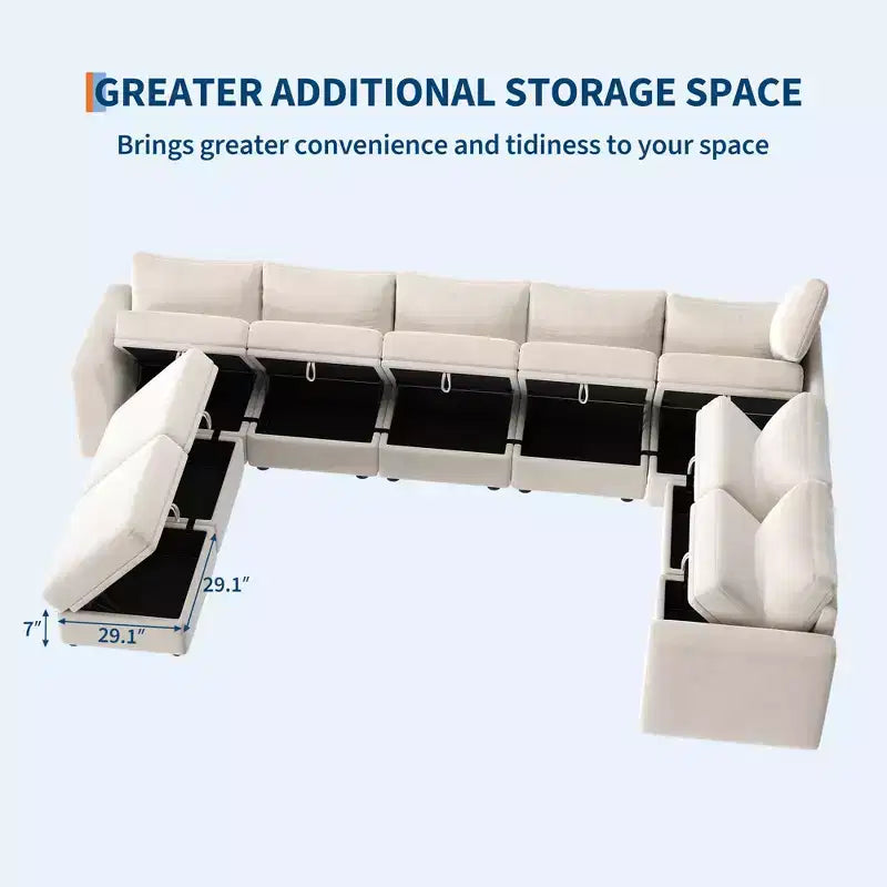 Divano componibile a L/U 108-163, divano Cloud 4-9 posti con contenitore a scomparsa sotto tutti i sedili, divano letto a penisola reversibile in ciniglia
