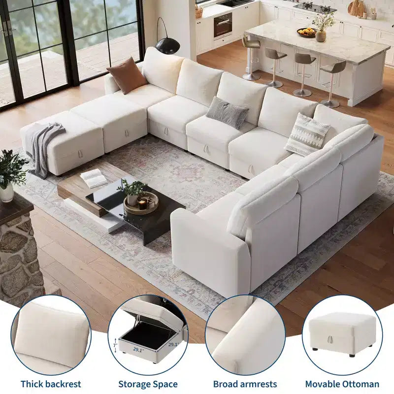 Divano componibile a L/U 108-163, divano Cloud 4-9 posti con contenitore a scomparsa sotto tutti i sedili, divano letto a penisola reversibile in ciniglia