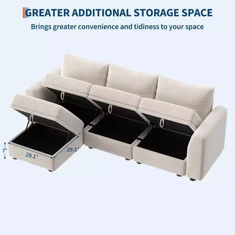 Divano componibile a L/U 108-163, divano Cloud 4-9 posti con contenitore a scomparsa sotto tutti i sedili, divano letto a penisola reversibile in ciniglia