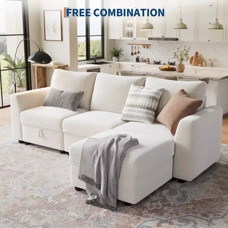 Divano componibile a L/U 108-163, divano Cloud 4-9 posti con contenitore a scomparsa sotto tutti i sedili, divano letto a penisola reversibile in ciniglia