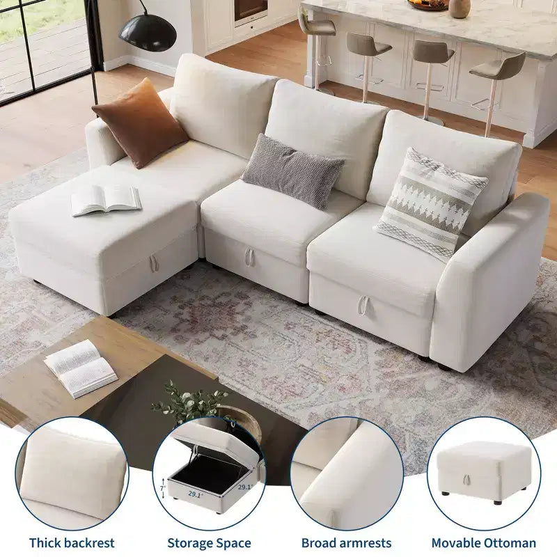 Divano componibile a L/U 108-163, divano Cloud 4-9 posti con contenitore a scomparsa sotto tutti i sedili, divano letto a penisola reversibile in ciniglia