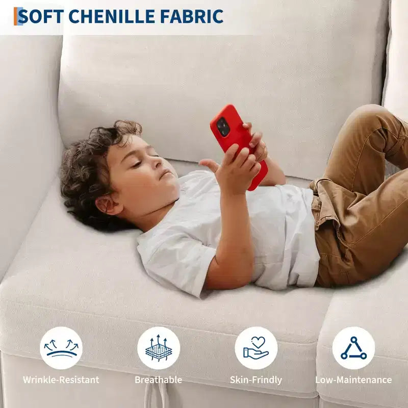 Divano componibile a L/U 108-163, divano Cloud 4-9 posti con contenitore a scomparsa sotto tutti i sedili, divano letto a penisola reversibile in ciniglia